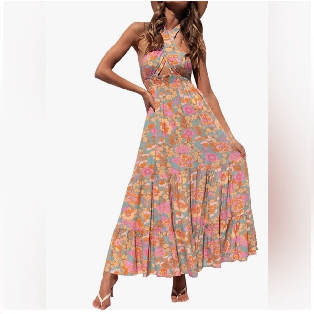 NWT- Crossover Halter Neck Sleeveless Maxi Dress Floral Sz M - Picture 2 of 9